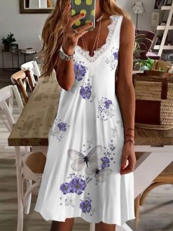 Casual Butterfly Sleeveless V Neck Plus Size Printed Dress