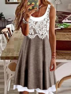 Plain Crew Neck Lace Embellished Cotton Blend Casual Knit Vest Dress
